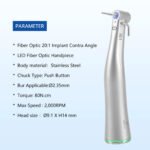 Dental LED Fiber Optic 20:1 Implant Contra Angle Low Speed Handpiece Push Button Stainless Steel Body - Image 3