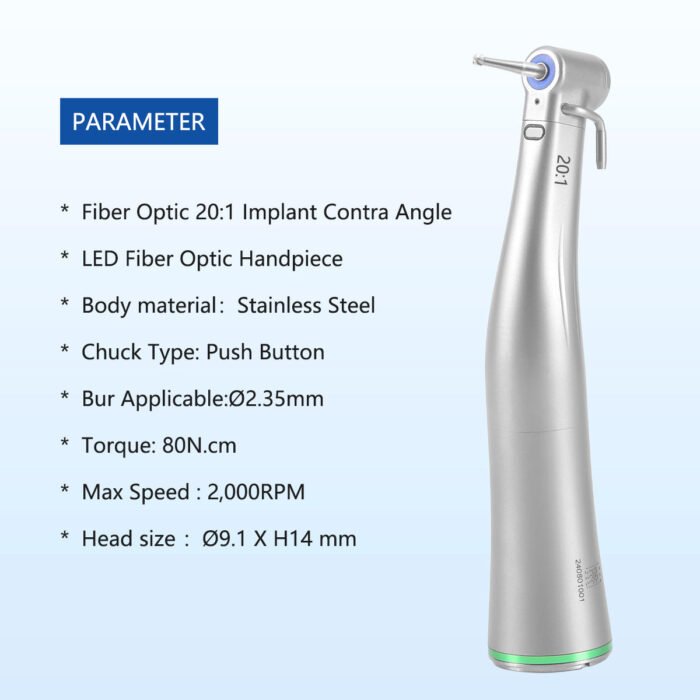 Dental LED Fiber Optic 20:1 Implant Contra Angle Low Speed Handpiece Push Button Stainless Steel Body - Image 3